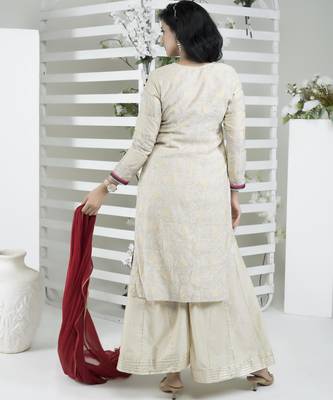 Beige embroidered silk stitched straight cut trouser kurta dupatta readymade suits 4