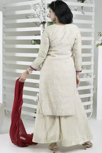 Beige embroidered silk stitched straight cut trouser kurta dupatta readymade suits
