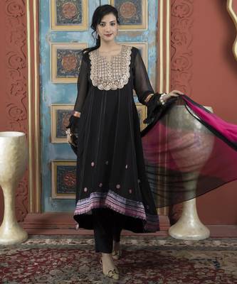 Black embroidered georgette stitched asymmetrical trouser kurta dupatta readymade suits 1