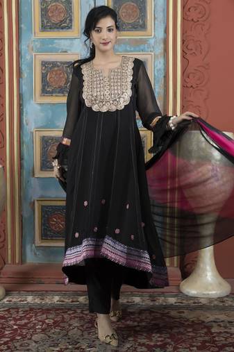Black embroidered georgette stitched asymmetrical trouser kurta dupatta readymade suits