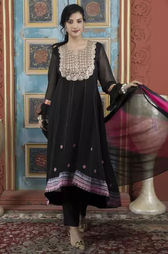 Black embroidered georgette stitched asymmetrical trouser kurta dupatta readymade suits