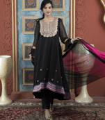 Black embroidered georgette stitched asymmetrical trouser kurta dupatta readymade suits