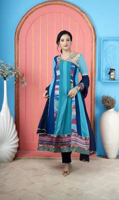 Blue embroidered georgette stitched asymmetrical trouser kurta dupatta readymade suits 1