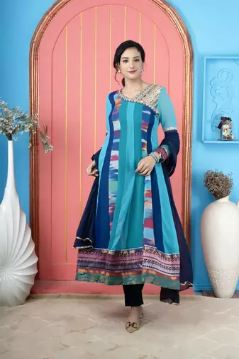 Blue embroidered georgette stitched asymmetrical trouser kurta dupatta readymade suits