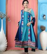 Blue embroidered georgette stitched asymmetrical trouser kurta dupatta readymade suits