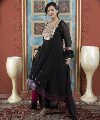Black embroidered georgette stitched asymmetrical trouser kurta dupatta readymade suits 2
