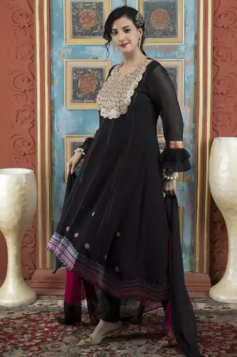 Black embroidered georgette stitched asymmetrical trouser kurta dupatta readymade suits