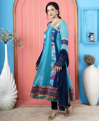 Blue embroidered georgette stitched asymmetrical trouser kurta dupatta readymade suits 2