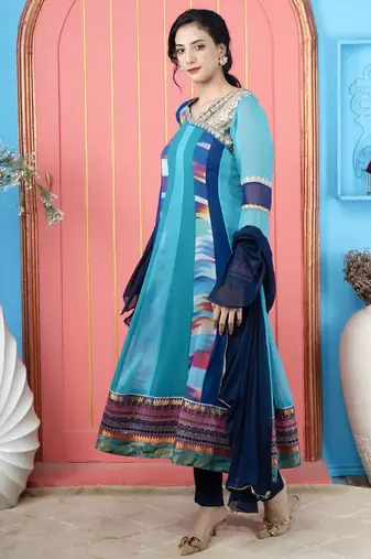 Blue embroidered georgette stitched asymmetrical trouser kurta dupatta readymade suits
