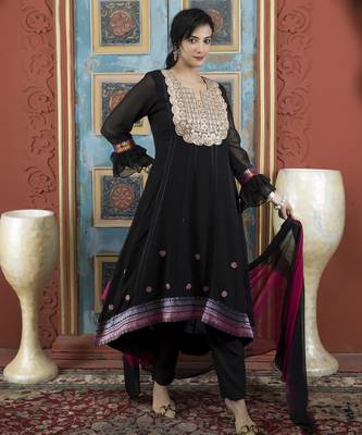 Black embroidered georgette stitched asymmetrical trouser kurta dupatta readymade suits 3