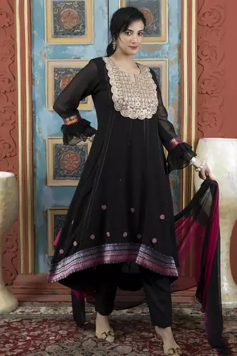 Black embroidered georgette stitched asymmetrical trouser kurta dupatta readymade suits