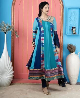 Blue embroidered georgette stitched asymmetrical trouser kurta dupatta readymade suits 3