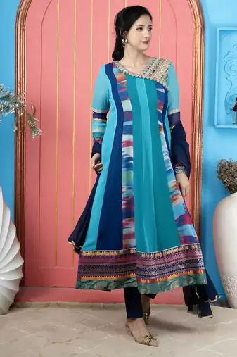 Blue embroidered georgette stitched asymmetrical trouser kurta dupatta readymade suits
