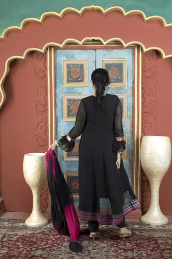 Black embroidered georgette stitched asymmetrical trouser kurta dupatta readymade suits