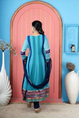 Blue embroidered georgette stitched asymmetrical trouser kurta dupatta readymade suits 4