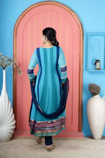 Blue embroidered georgette stitched asymmetrical trouser kurta dupatta readymade suits