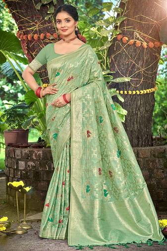 Sangam prints sea green havy assam silk saree with meena woven work traditional saree