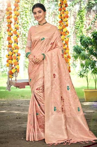 Sangam prints peach havy assam silk saree with meena woven work traditional saree