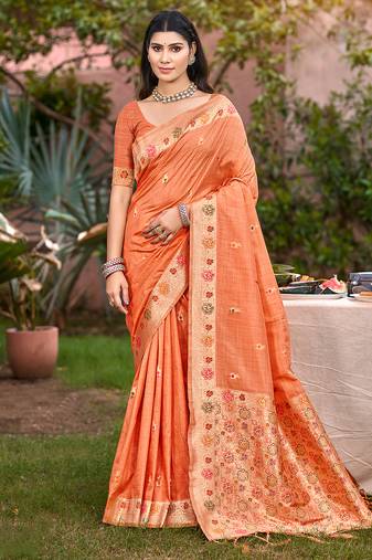 Sangam prints orange havy assam silk saree with meena woven work traditional saree