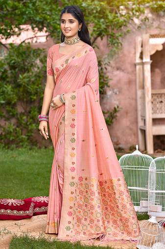 Sangam prints peach havy assam silk saree with meena woven work traditional saree