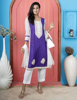 Purple embroidered silk stitched straight cut trouser kurta dupatta readymade suits 1