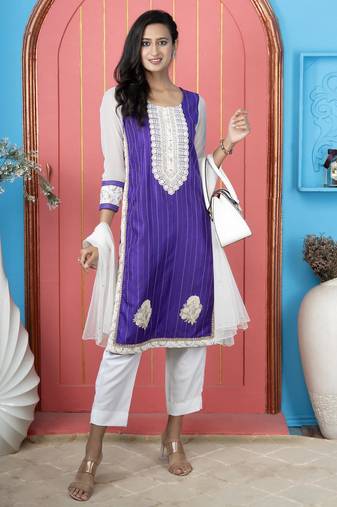 Purple embroidered silk stitched straight cut trouser kurta dupatta readymade suits
