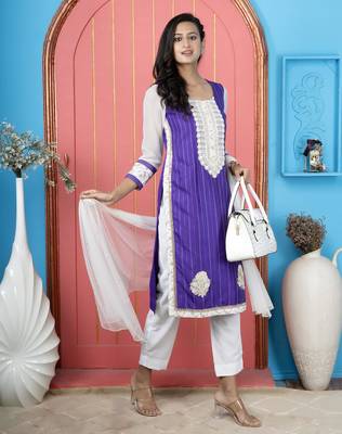 Purple embroidered silk stitched straight cut trouser kurta dupatta readymade suits 3