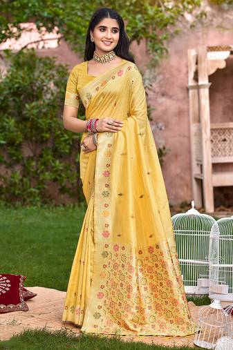 Sangam prints yellow havy assam silk saree with meena woven work traditional saree