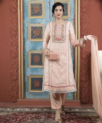 Peach embroidered silk stitched straight cut trouser kurta dupatta readymade suits 1