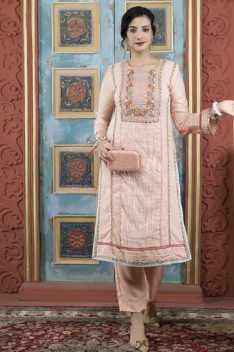 Peach embroidered silk stitched straight cut trouser kurta dupatta readymade suits