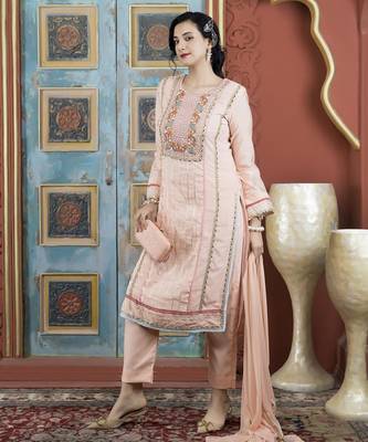 Peach embroidered silk stitched straight cut trouser kurta dupatta readymade suits 2