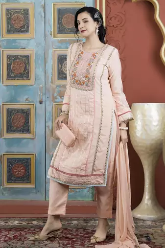 Peach embroidered silk stitched straight cut trouser kurta dupatta readymade suits