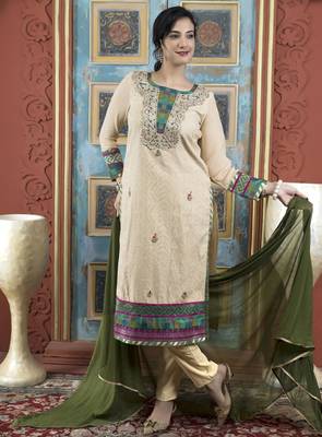 Beige embroidered silk stitched straight cut trouser kurta dupatta readymade suits 1