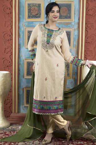 Beige embroidered silk stitched straight cut trouser kurta dupatta readymade suits
