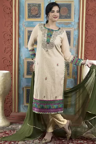 Beige embroidered silk stitched straight cut trouser kurta dupatta readymade suits
