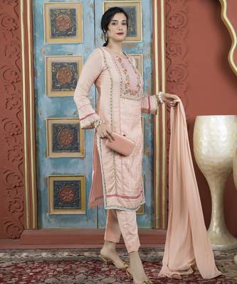 Peach embroidered silk stitched straight cut trouser kurta dupatta readymade suits 3