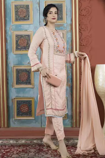 Peach embroidered silk stitched straight cut trouser kurta dupatta readymade suits