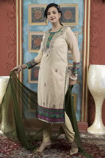 Beige embroidered silk stitched straight cut trouser kurta dupatta readymade suits