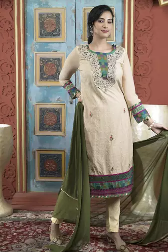 Beige embroidered silk stitched straight cut trouser kurta dupatta readymade suits