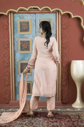 Peach embroidered silk stitched straight cut trouser kurta dupatta readymade suits