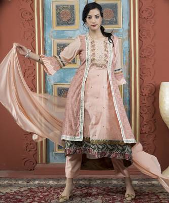 Peach embroidered silk stitched asymmetrical trouser kurta dupatta readymade suits 1