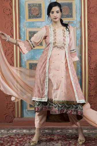 Peach embroidered silk stitched asymmetrical trouser kurta dupatta readymade suits