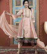 Peach embroidered silk stitched asymmetrical trouser kurta dupatta readymade suits