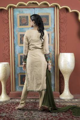 Beige embroidered silk stitched straight cut trouser kurta dupatta readymade suits 4