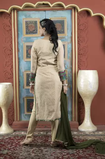 Beige embroidered silk stitched straight cut trouser kurta dupatta readymade suits