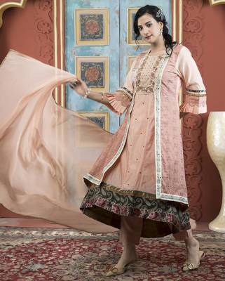 Peach embroidered silk stitched asymmetrical trouser kurta dupatta readymade suits 2
