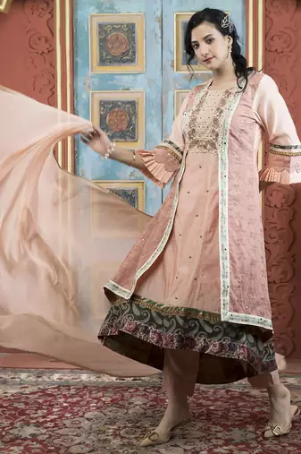 Peach embroidered silk stitched asymmetrical trouser kurta dupatta readymade suits