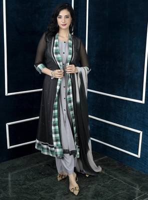 Black embroidered georgette stitched jacket style palazzo kurta dupatta readymade suits 1