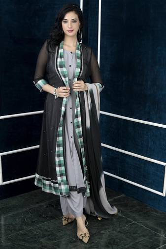 Black embroidered georgette stitched jacket style palazzo kurta dupatta readymade suits