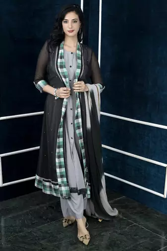 Black embroidered georgette stitched jacket style palazzo kurta dupatta readymade suits